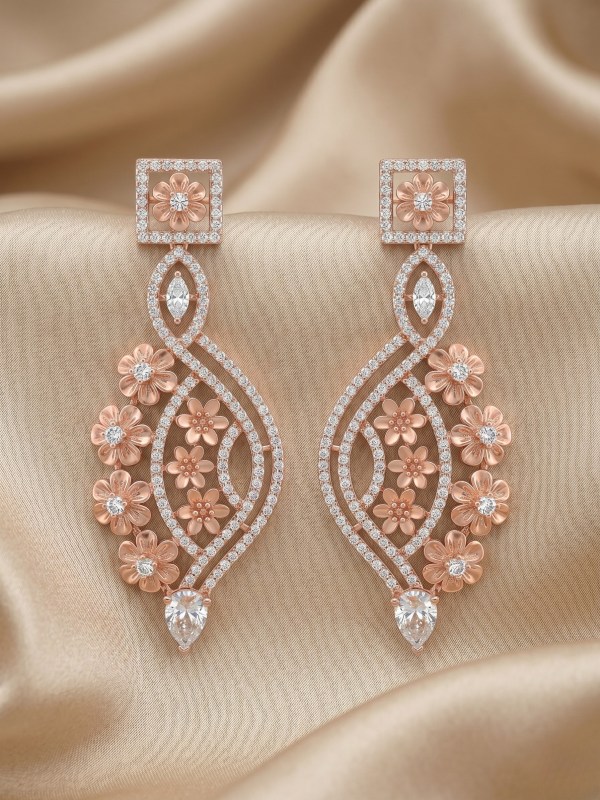 Rose Gold Floral and Diamond Drop Earrings