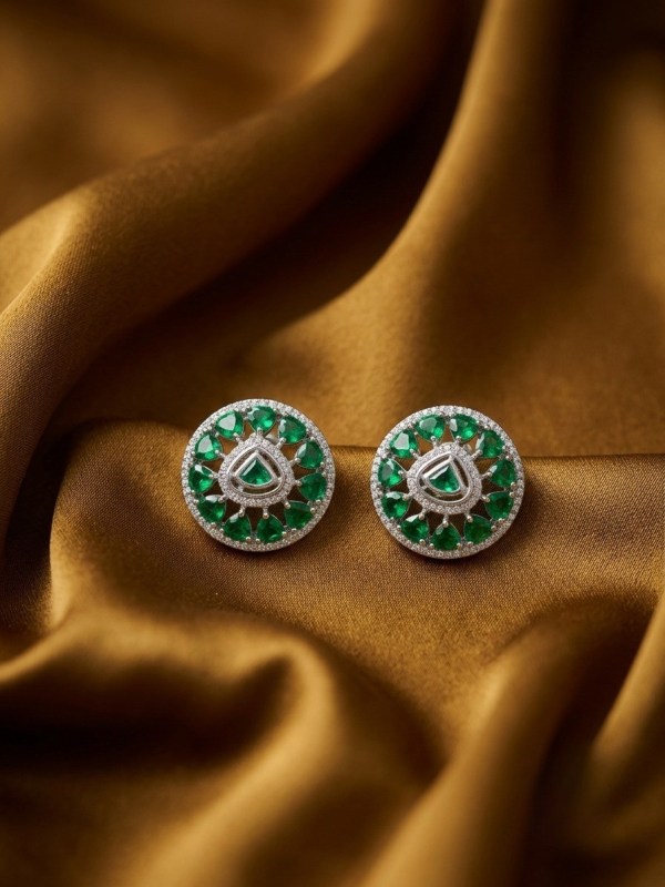 Round Emerald-Colored Statement Stud Earrings