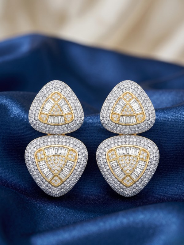 Triangular Baguette and Round Diamond Stud Earrings