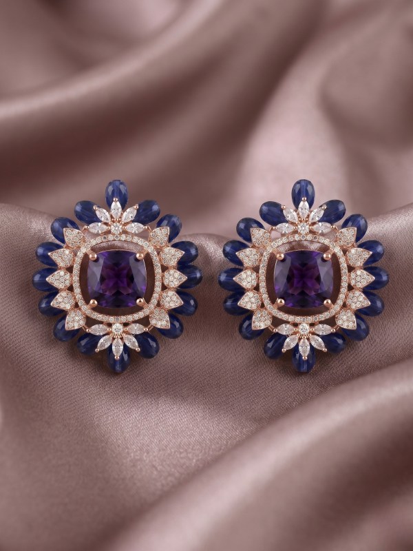 Rose Gold Amethyst and Sapphire Cluster Earrings