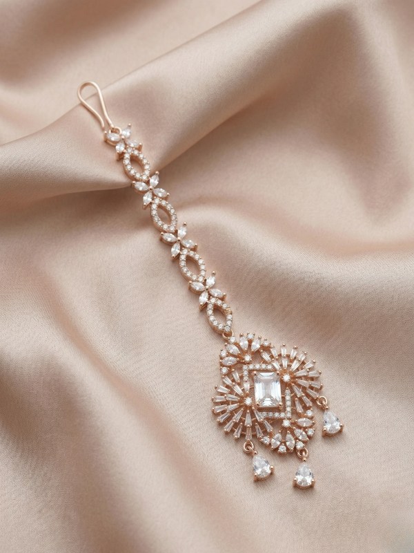 Rose Gold Plated Square Stone Floral Maangtikka
