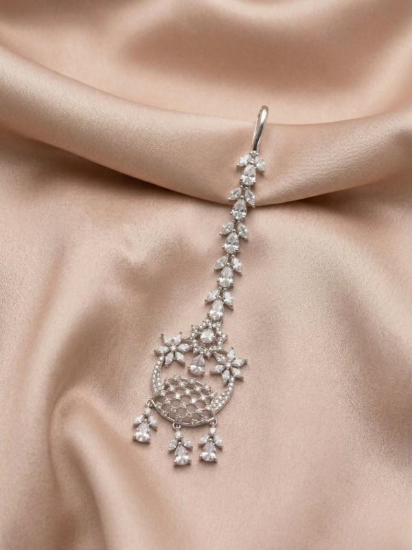 Rhodium Toned Floral Net Design American Diamond Maangtikka