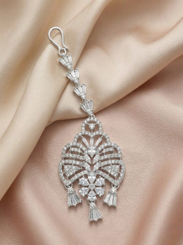 Rhodium Plated Baguette Stone Fan Style Maangtikka