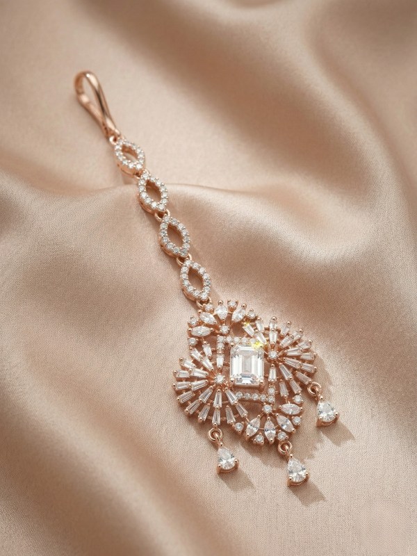 Rose Gold Plated Rectangle Stone Sunburst Maangtikka