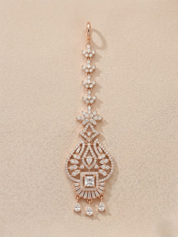 Rose Gold Plated Square Stone and Leaf Design Maangtikka