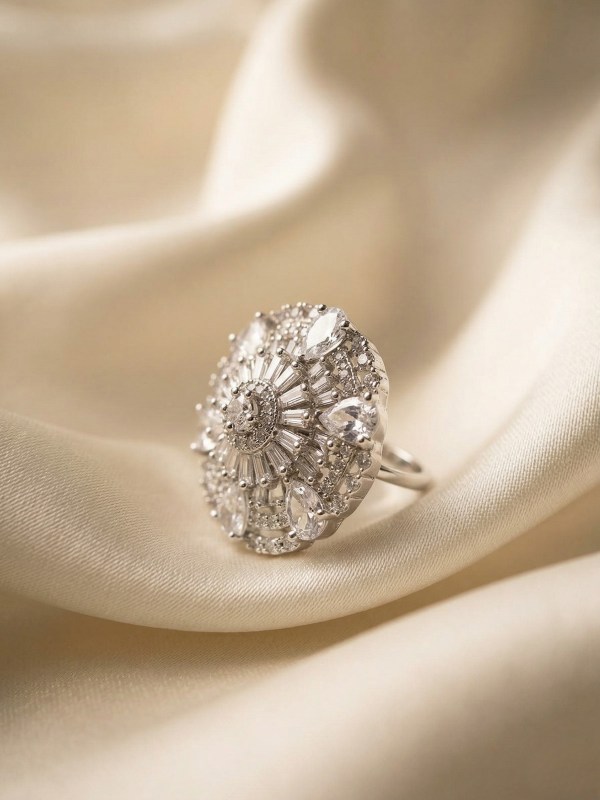 Rhodium Round Dome Starburst Adjustable Ring