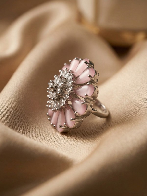Pink Petal Flower Diamond Adjustable Ring