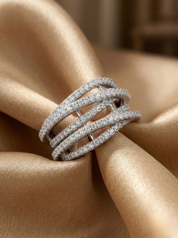 Rhodium Multi-Layer Criss-Cross Adjustable Ring