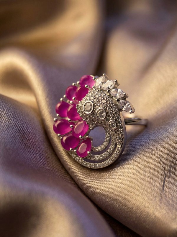 Rhodium Ruby Red Peacock Designer Adjustable Ring