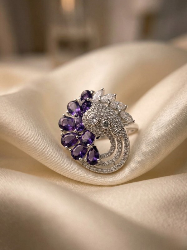 Rhodium Purple Amethyst Peacock Designer Adjustable Ring