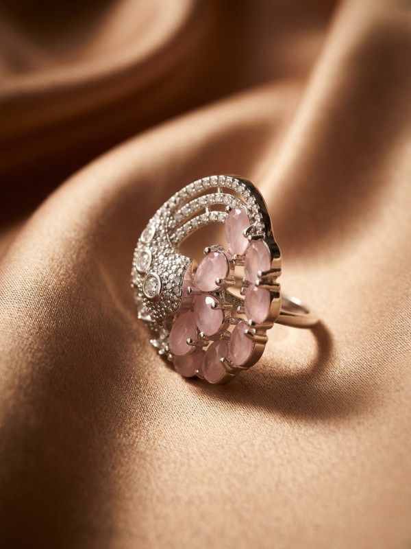 Rhodium Soft Pink Peacock Designer Adjustable Ring