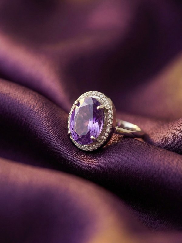 Rhodium Oval Amethyst Purple Solitaire Halo Adjustable Ring