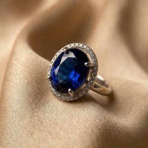 Rhodium Oval Sapphire Blue Solitaire Halo Adjustable Ring