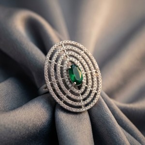 Rhodium Emerald Oval Concentric Medallion Adjustable Ring