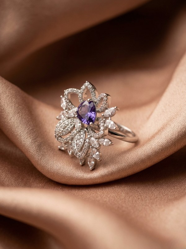 Rhodium Amethyst Teardrop Floral Bouquet Adjustable Ring