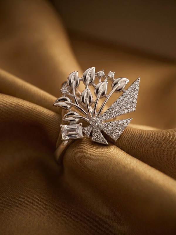 Rhodium Botanical Fan Emerald-Cut Statement Ring