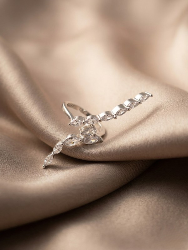 Rhodium Marquise Wave Full-Finger Designer Ring