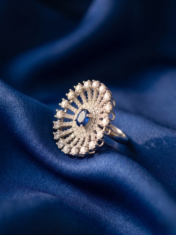 Radiant Sapphire Sunburst Adjustable Statement Ring