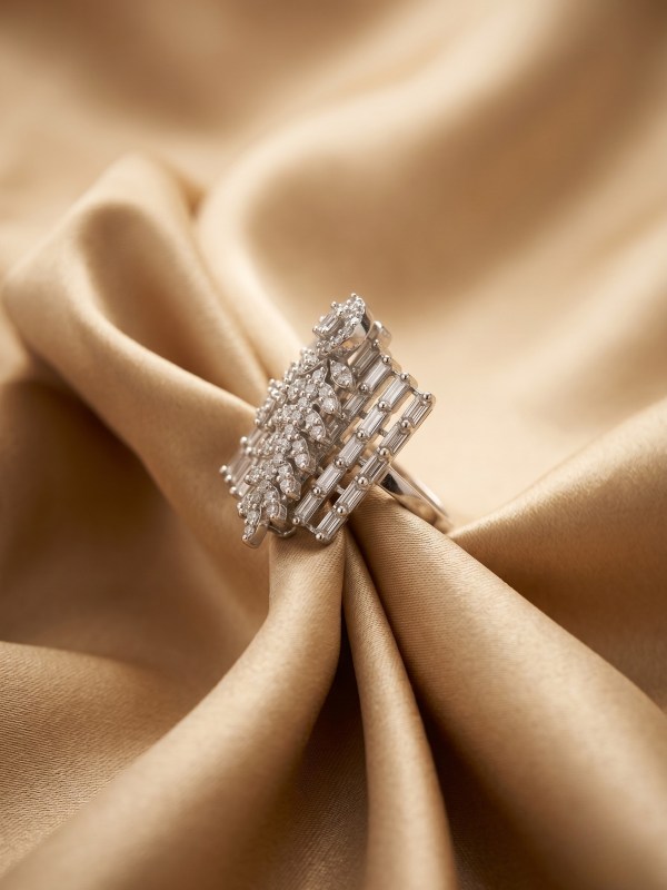 Radiant Baguette & Leaf Motif Adjustable Statement Ring