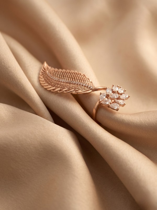 Elegant Feather & Leaf Adjustable Statement Ring