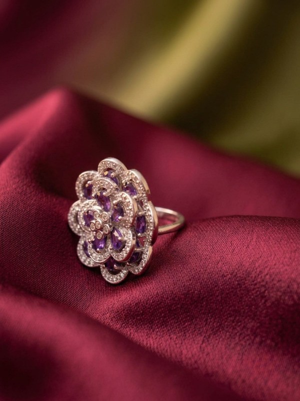 Floral Amethyst Silver Adjustable Statement Ring