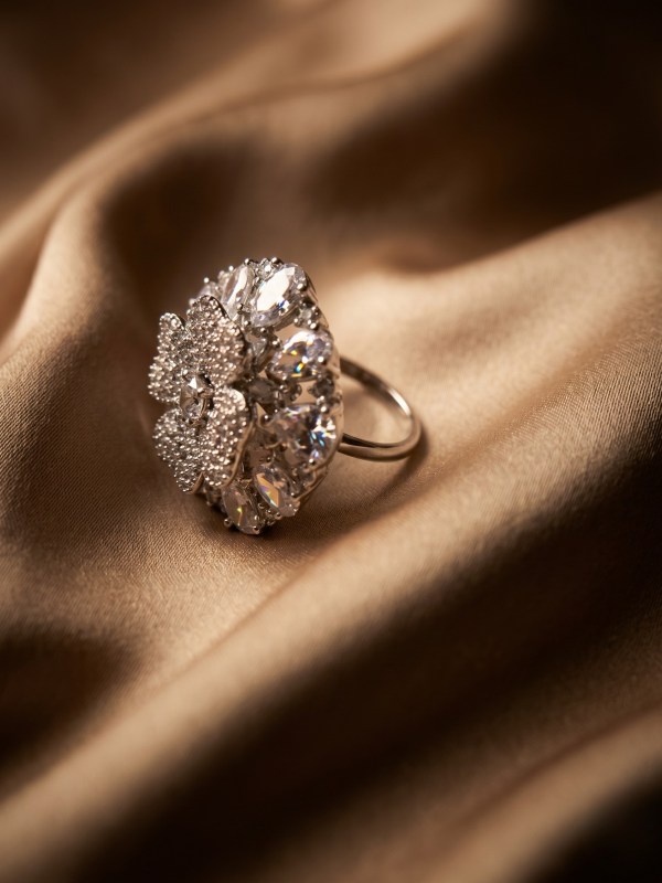 Floral Crystal Silver Adjustable Statement Ring