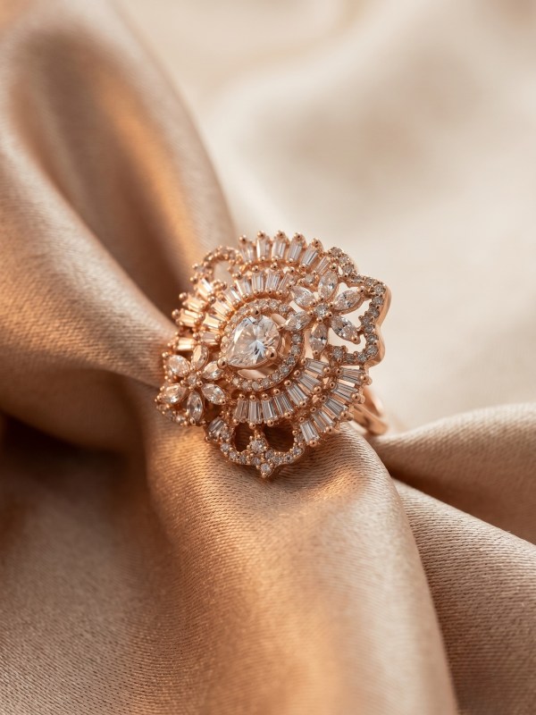 Ornate Baguette Rose Gold Adjustable Statement Ring