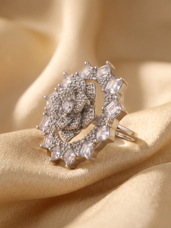 Radiant Square-Cut Crystal Floral Adjustable Statement Ring