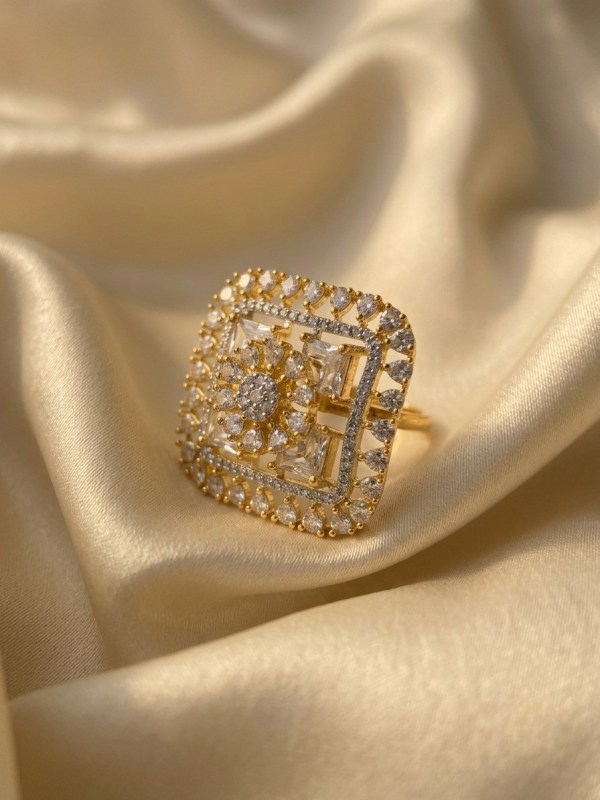Dual-Tone Square Crystal Adjustable Statement Ring