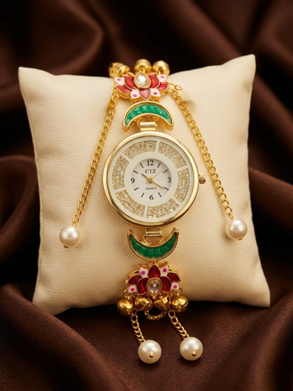 Traditional Gold-Toned Round Dial Lotus Meenakari Kashmiri Bracelet Watch