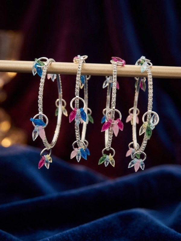 Women’s Set of 4 Kashmiri Silver-Toned Stone-Studded Kadas with Multicolor Crystal Latkans