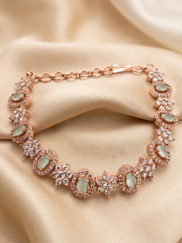 Rose Gold-Plated Mint Green Stone & Floral CZ Link Bracelet