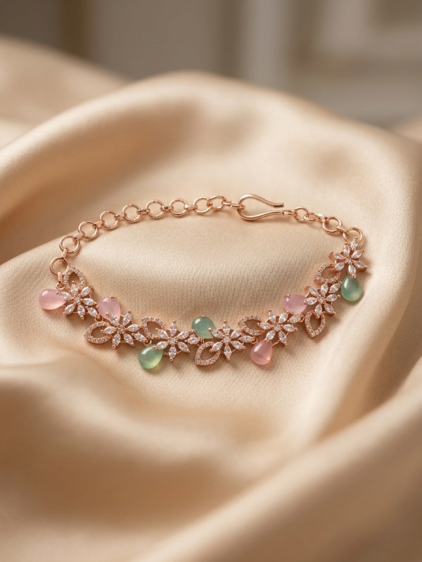 Rose Gold-Plated Floral CZ & Pastel Multi-Stone Bracelet
