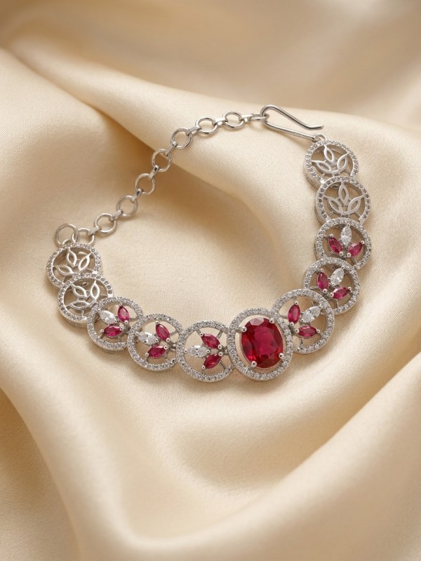 Rhodium-Plated Ruby Red Center Stone Lattice Link Bracelet