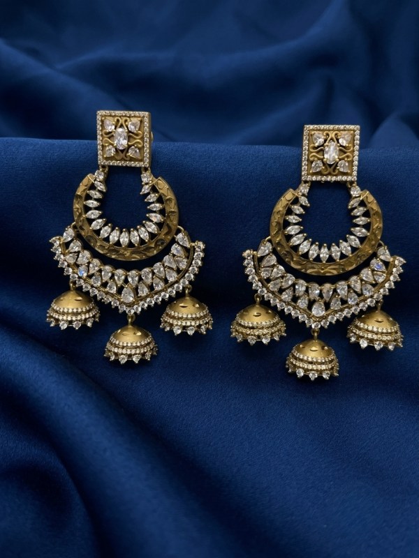 Antique Gold Crescent & Triple Jhumka Statement Earrings