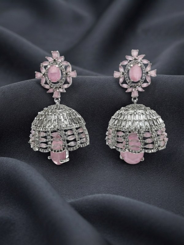 Rhodium Plated Pink Crystal Dome Jhumka Earrings
