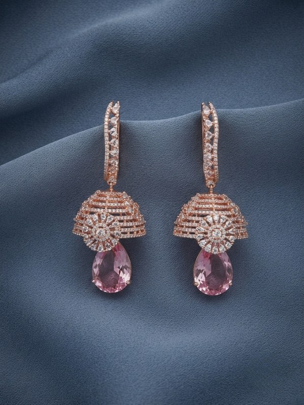 Rose Gold Floral Vine & Pink Drop Jhumka Earrings