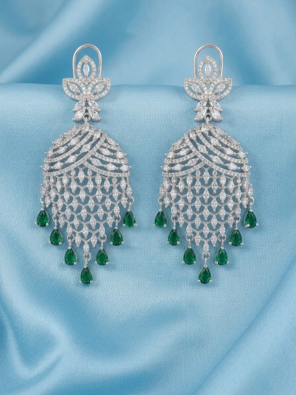 Rhodium Plated Green Crystal Mesh Chandelier Earrings