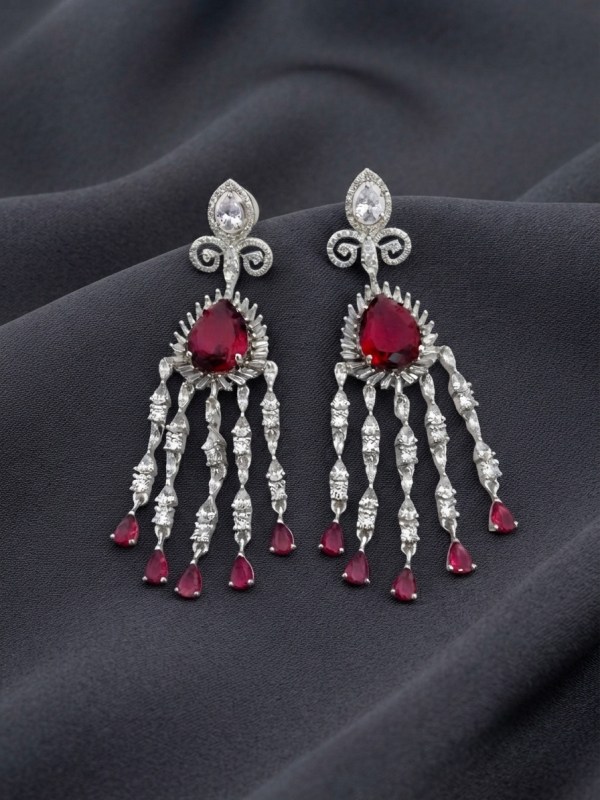 Rhodium Plated Ruby Red Tassel Drop Earrings