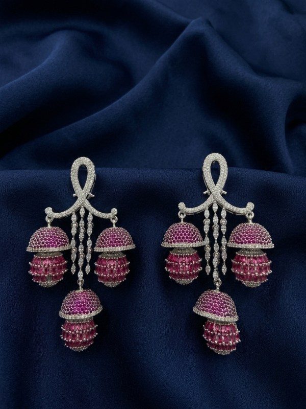 Rhodium Plated Ruby Pink Triple Jhumka Chandelier Earrings