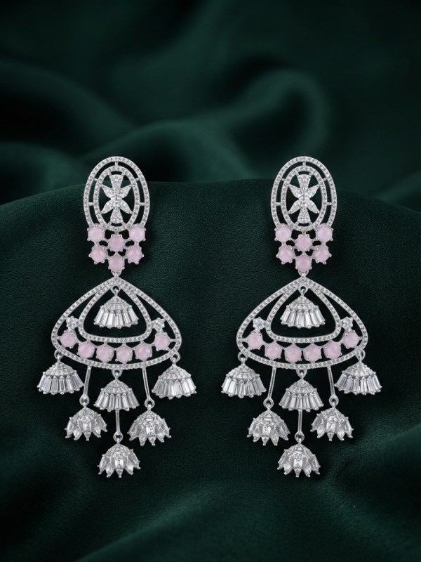 Rhodium Plated Pastel Pink Multi-Jhumka Chandelier Earrings