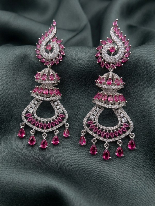 Rhodium Plated Ruby Pink Paisley & Jhumka Layered Drop Earrings