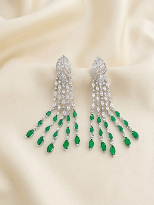 Rhodium Plated Emerald Green Marquise Tassel Drop Earrings