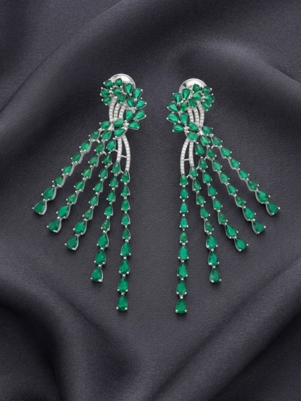 Rhodium Plated Emerald Green Teardrop Waterfall Drop Earrings