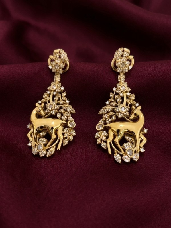 Antique Gold Deer & Floral Foliage Drop Earrings