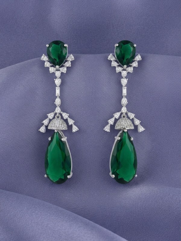 Rhodium Plated Emerald Green Teardrop Linear Drop Earrings
