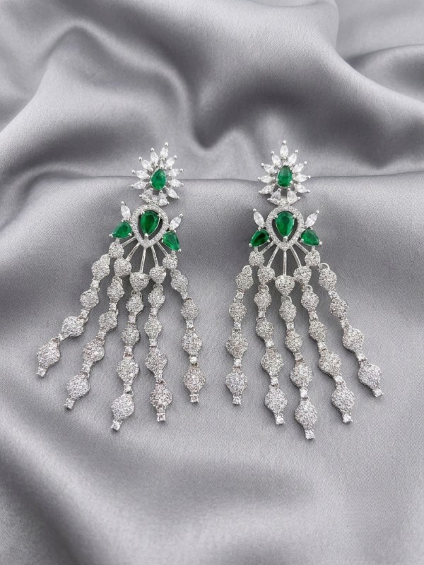 Rhodium Plated Emerald Green & CZ Fan Tassel Chandelier Earrings