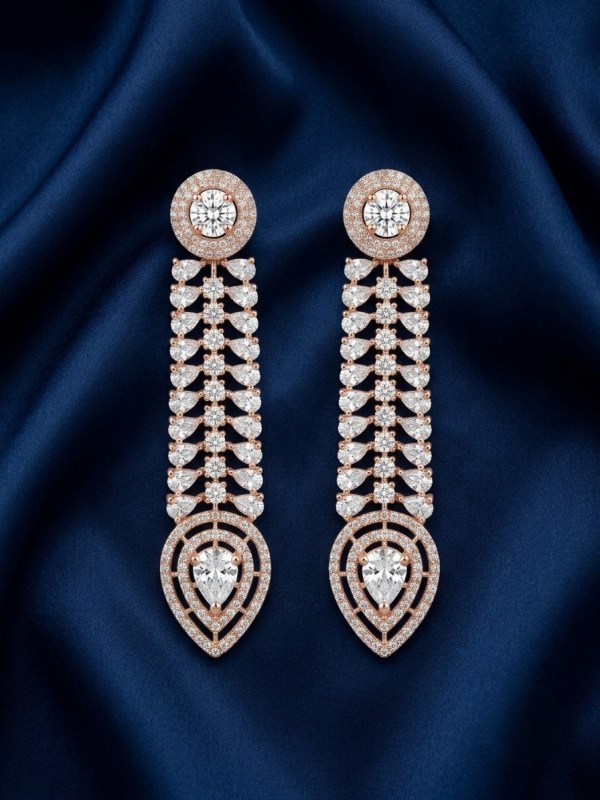 Rose Gold CZ Lattice Linear Drop Earrings