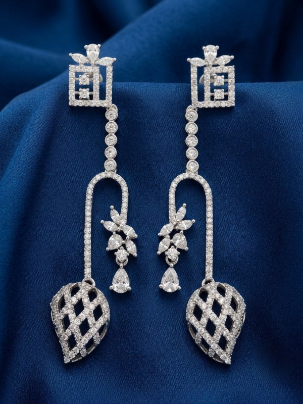 Rhodium Plated CZ Geometric Lattice & Leaf Drop Earrings