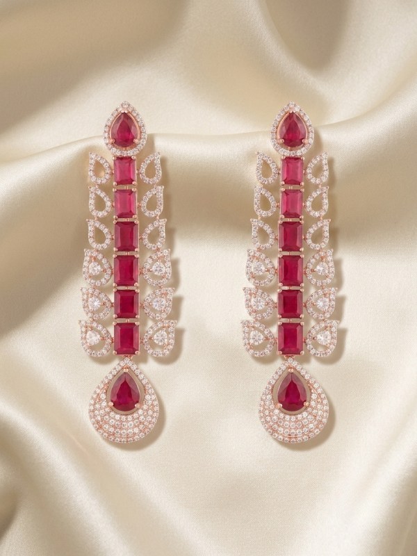 Rose Gold Ruby Red Geometric Foliage Linear Drop Earrings